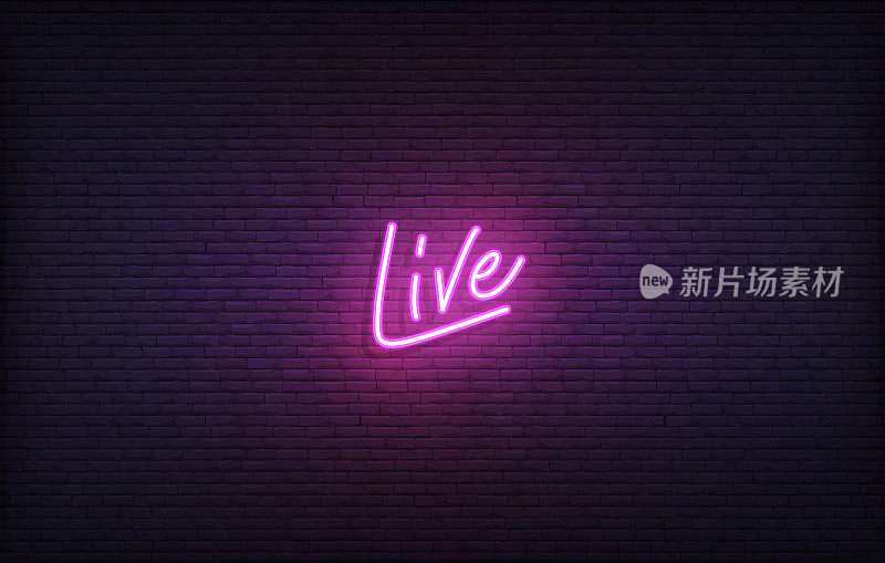 活的霓虹灯。发光的霓虹灯刻字Live On Air模板。